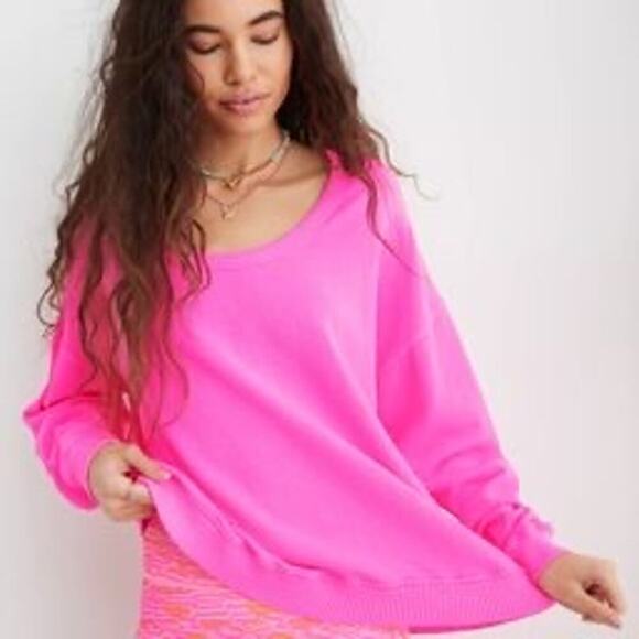 Tops - Aerie | Hot Pink Garment Dyed Off the Shoulder Preppy Crewneck Pullover Lounge